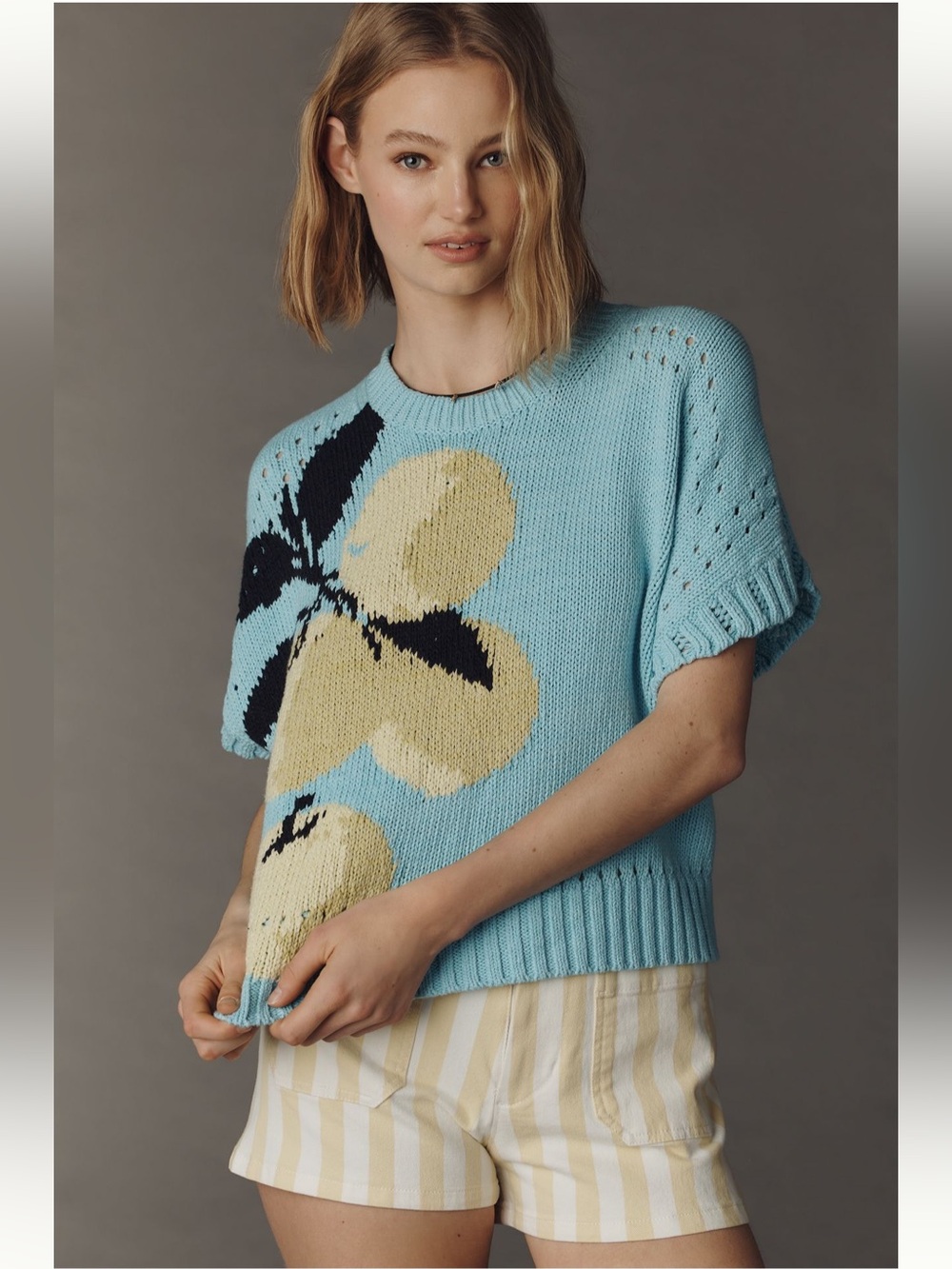 Anthropologie Maeve Short-Sleeve Crew-Neck Veggie Motif Graphic Sweater - Sz LP